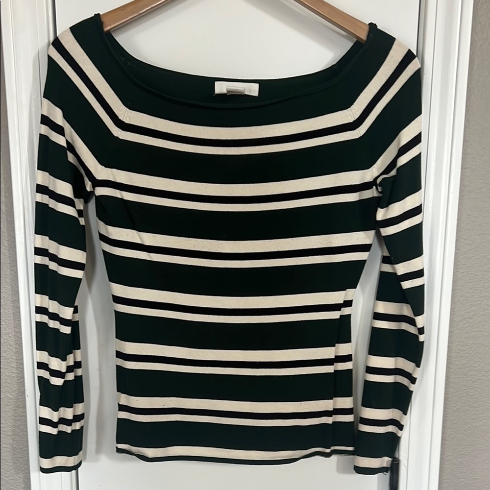 Striped Long Sleeve wide neck  Top in Green and Cream